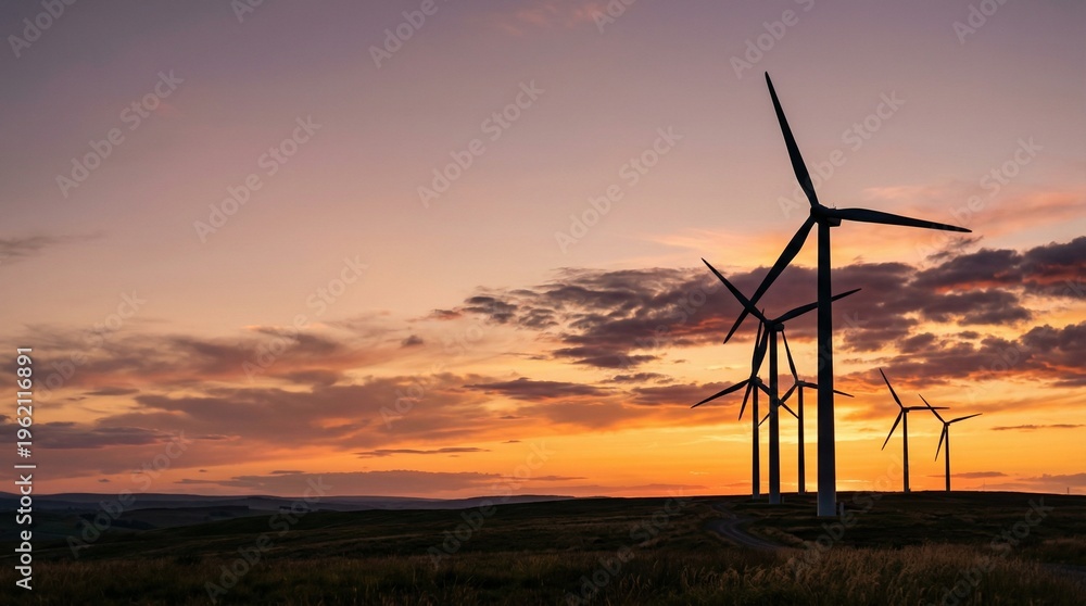 Obraz premium Majestic wind turbines stand tall against a breathtaking sunset, symbolizing the future of clean and sustainable energy generation across the expansive landscape