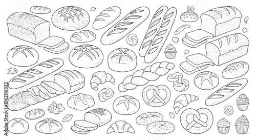 Comprehensive collection of various hand-drawn bread types including baguettes, pretzels, croissants, and loaves of sourdough.