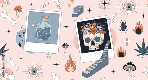 Eclectic seamless pattern featuring esoteric items like skulls, mushrooms, potions, polaroid photos, and mystical symbols.
