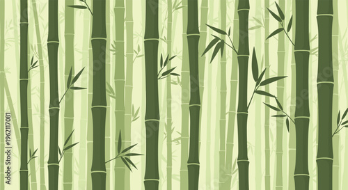 Calm and peaceful background pattern of thick green bamboo stalks and delicate leaves in a dense forest illustration.
