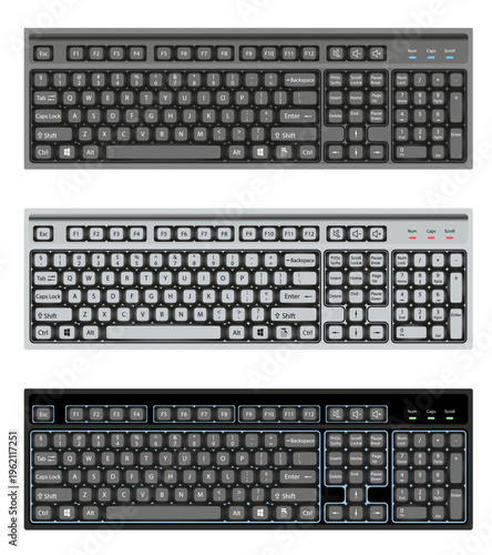 Full-size computer keyboard in various colors.