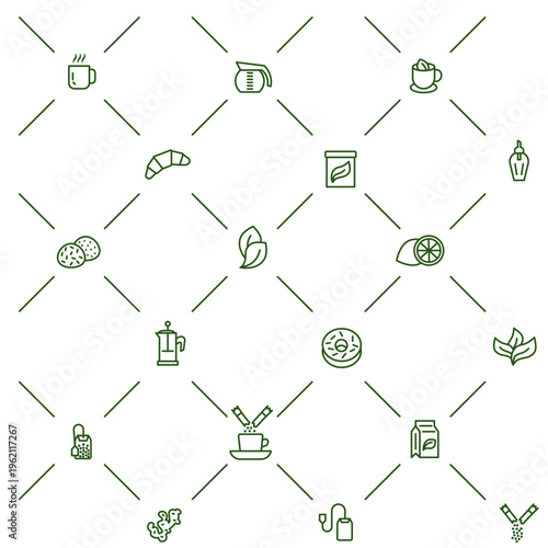 A set of minimalist linear icons in green style dedicated to tea, coffee, and sweets.