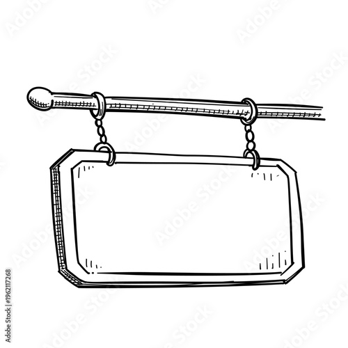 blank hanging signboard wooden plaque vector line art hand drawn illustration