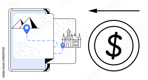 Navigation concept. Navigation highlighting travel between landmarks with location pins to guide users. Navigation integration with payment systems in tourism and apps. For travel, finance, apps