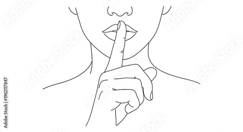 Minimalistic line drawing of a person holding their index finger up to their closed lips to signal silence or a secret message.