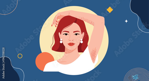 Empowering illustration of a woman with red hair showing her natural armpit and arm hair against a colorful geometric background.