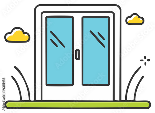 Illustration of a closed white door with blue glass panels, grass, and clouds in a cartoon style.