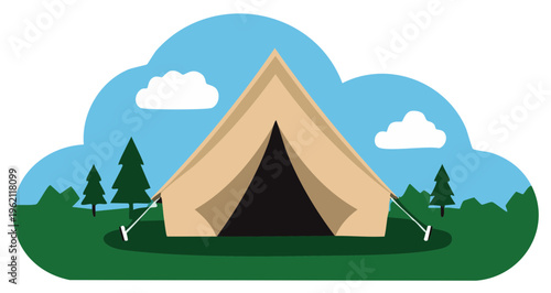 Cozy canvas tent set up in a grassy field with evergreen trees and fluffy clouds in the blue sky