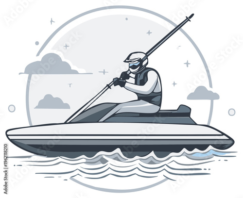 Jet ski racer navigating water with long pole illustration