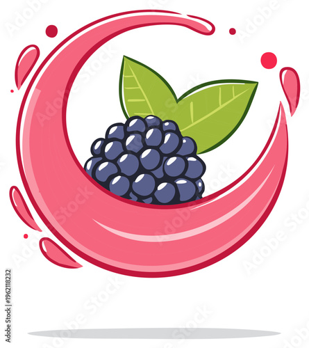 Cartoon blackberry fruit with leaves in a dynamic pink juice splash illustration