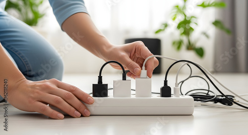 Person Plugging in a USB Charger into a Power Strip at Home, Close-up Shot of Electrical Cords and Multiple Adapters for Electronic Devices, Concept of Energy Consumption, Technology and Connectivity