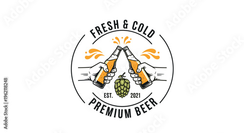 Refreshing beer logo featuring two hands clinking glass bottles together with splashes of beer and a hop cone symbol in the center.