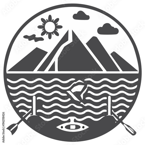 Outdoor Adventure Mountain Lake Emblem with Kayak, Paddles, and Sun