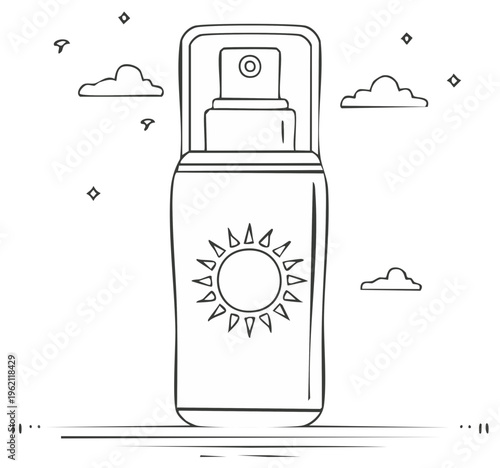 Doodle style sunscreen spray bottle with clouds and stars, simple black and white line art