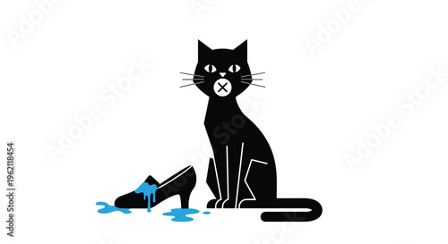Mischievous black cat sitting next to a high-heeled shoe that has been stained with a spilled bright blue liquid on a white background.
