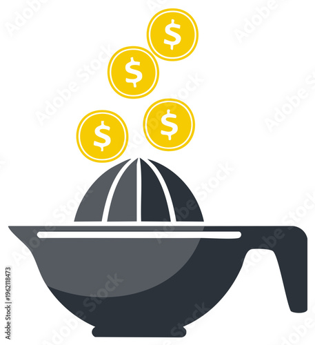 Money extraction with a juicer for financial squeeze metaphor, savings or investment concept with coins and juice squeezer