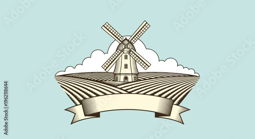 Traditional style logo for flour or grain featuring a windmill standing in a plowed field with clouds and a blank banner for text.