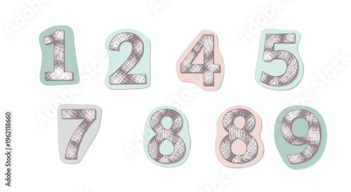 Creative set of numbers from one to nine, each with a white cross-hatched sketch texture on colorful soft-edged background shapes.