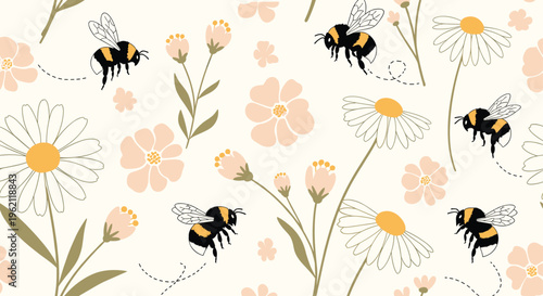 Seamless pattern with cute fuzzy bumblebees flying among delicate pink flowers and white daisies on a cream background.