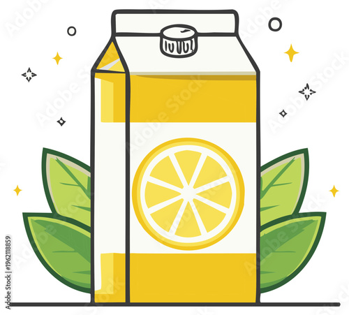 Lemon juice carton with leaf illustration and star design element