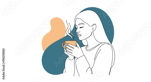 Minimalist line drawing of a young woman with long hair enjoying the aroma of a steaming cup of coffee or tea.