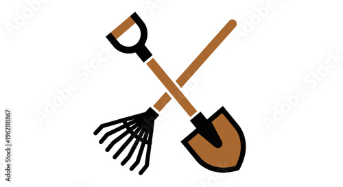 A crossed rake and shovel illustration, ideal for gardening or yard work concepts