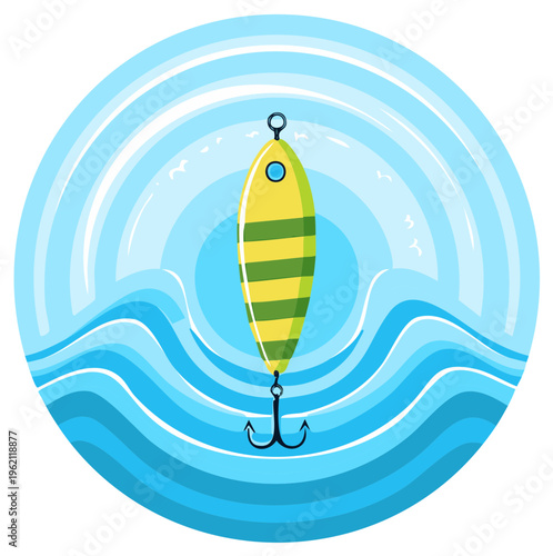 Vibrant yellow green striped fishing lure with treble hook in blue wavy water stylized illustration