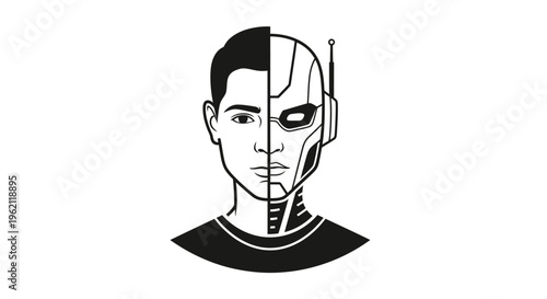 A dual portrait of human and robot, representing the fusion of man and machine