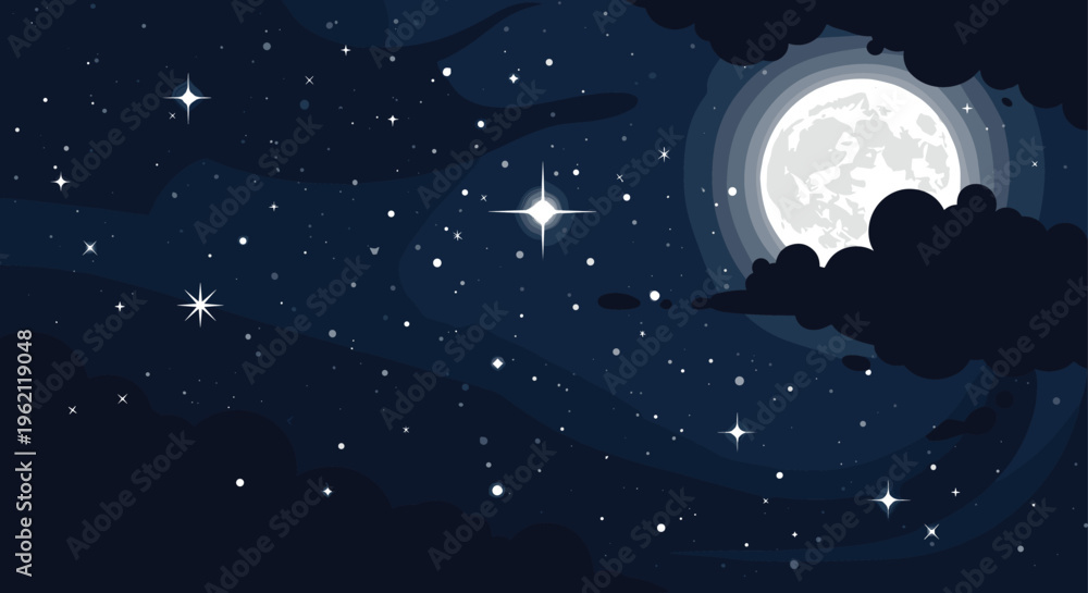 Naklejka premium Beautiful night landscape with a full moon, dark clouds, and many bright stars shining in a deep blue cosmic sky.