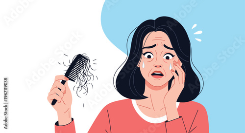 Concerned woman holding a hairbrush with fallen hair strands, illustrating common hair loss and health problems.