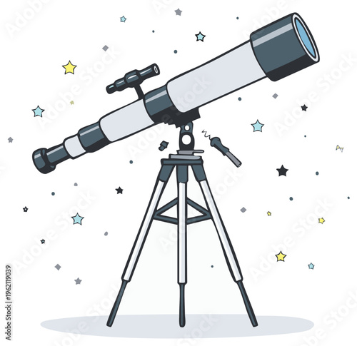 Cartoon illustration of a telescope used for stargazing and astronomy with surrounding stars