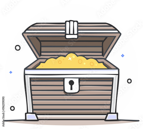Open treasure chest filled with overflowing golden coins and glittering sparkles illustration