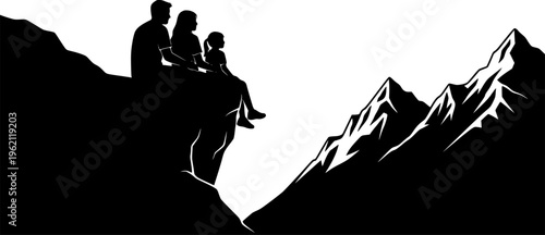 Solid black silhouette of a family sitting on a mountain peak looking at the horizon, minimalist outdoor adventure and nature exploration vector illustration isolated on white.