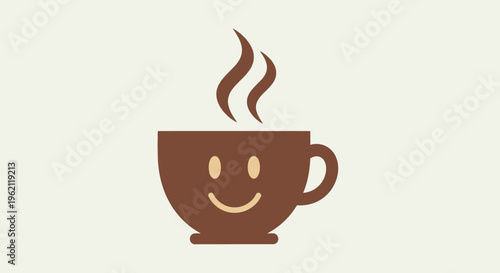 A smiling coffee cup emitting steam against a neutral background is a cheerful design