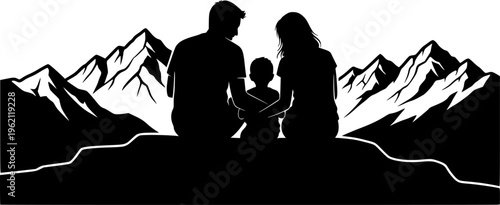 Solid black silhouette of a family sitting on a mountain peak looking at the horizon, minimalist outdoor adventure and nature exploration vector illustration isolated on white.