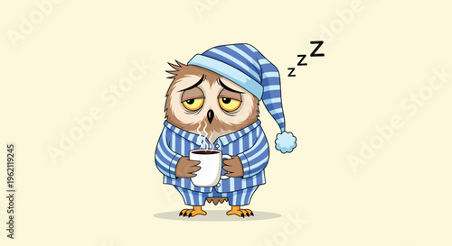 Funny cartoon illustration of a tired owl wearing blue pajamas and a nightcap holding a steaming cup of coffee.