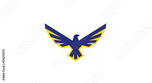 A striking graphic of a stylized eagle in flight set against a pristine white background