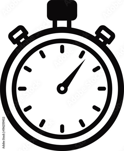 A black and white illustration of a stopwatch with a white face