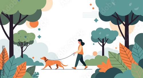 Young woman walking her dog on a leash through a beautiful forest park with lush green trees and colorful leaves.