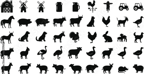 Collection of black farm silhouette illustrations including barn, windmills, tractors, milk cans, scarecrow, rooster weather vane, and animals like cows, horses, pigs, goats, chickens, ducks