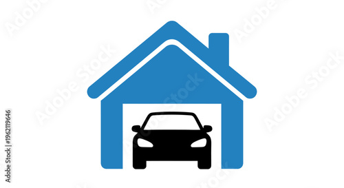 A graphic illustration depicting a car in a garage within a house icon design