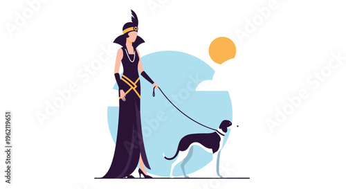 Elegant woman in a long black dress walking a graceful greyhound dog in a minimalist fashion illustration style.