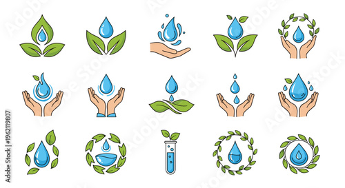 Comprehensive set of icons related to water conservation, clean water access, and local environmental protection.