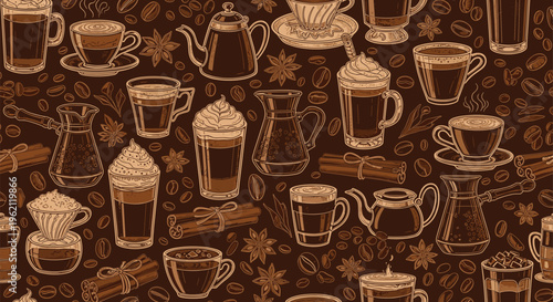 Rich brown seamless pattern with sketches of coffee cups, pots, coffee beans, cinnamon sticks, and star anise.