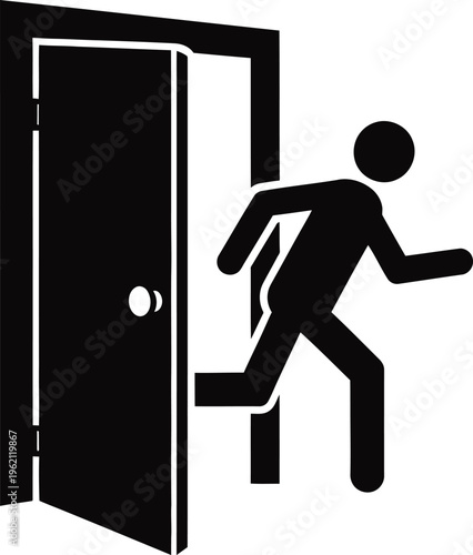 Person running out of a doorway in a hurried manner quickly
