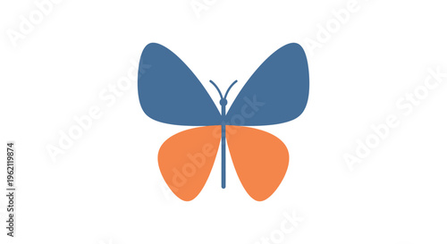 A stylized illustration of a butterfly in blue and orange on a clean white background