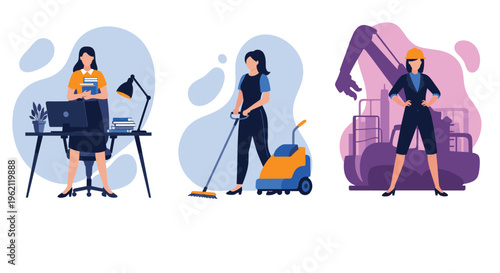 Illustrations of three women in various professional roles: an office worker, a cleaner, and an industrial engineer.