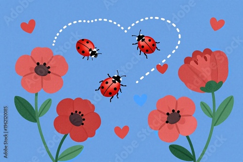 A bunch of red flowers with ladybugs flying around them