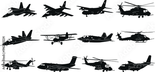 Collection of military aircraft silhouettes including fighter jets, transport planes, reconnaissance planes, and attack helicopters, perfect for aviation design, defense technology, education