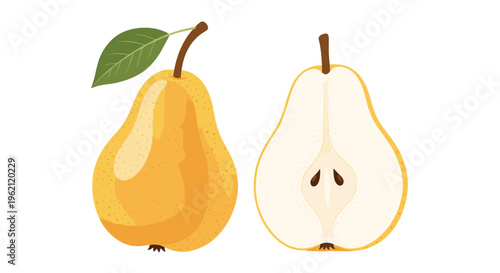 Ripe yellow pear fruit shown as a whole piece with a green leaf and cut in half revealing the inner core and seeds.